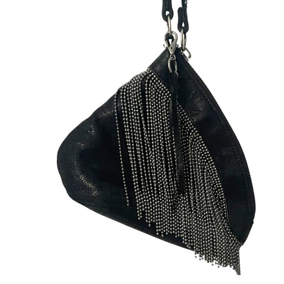 HOBO Black Leather Chain Fringe Wristlet Small Exquisite Evening Bag Mini Purse - Picture 5 of 9